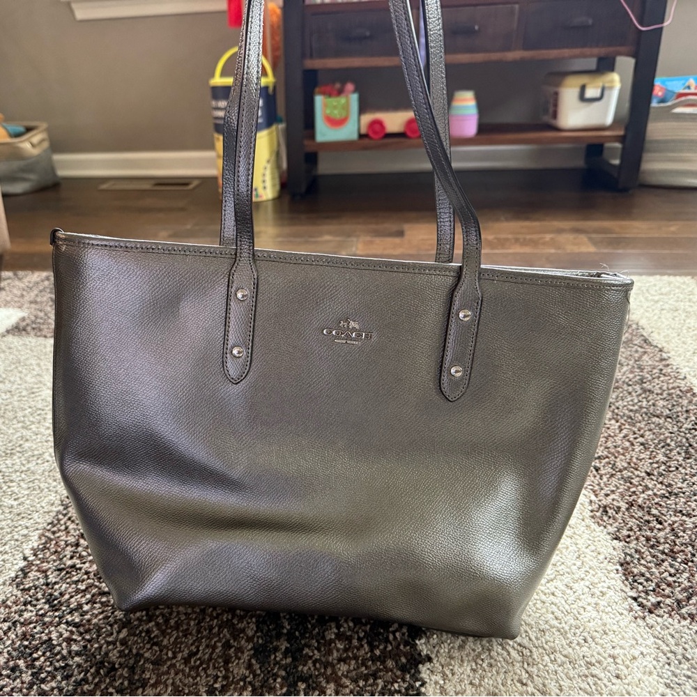 Coach Metallic Gray Leather Tote